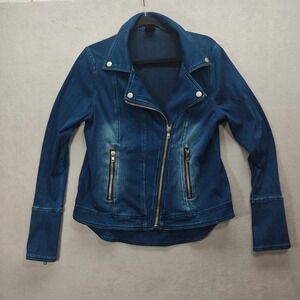 Moto Denim Jacket Womens Large Asymmetrical Zip Biker Stretch Y2K Indie Baddie